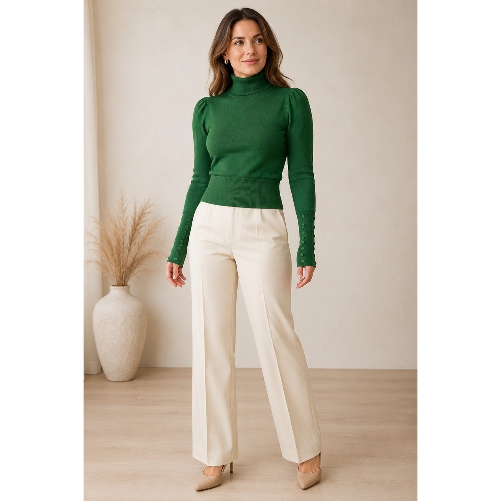 Moda International Merino Wool Sweater M Emerald Green Puff Sleeve Turtleneck